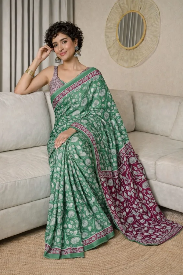 Leelavati_Blocked_Printed_Ikkat_Pure_Cotton_Saree_Green