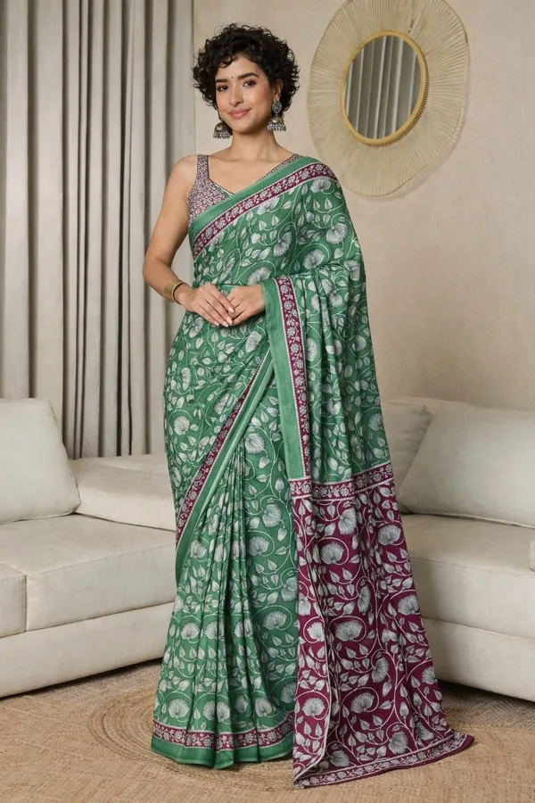 Leelavati_Blocked_Printed_Ikkat_Pure_Cotton_Saree_Green