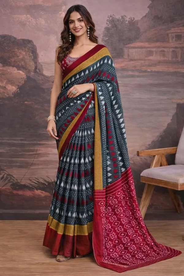 Leelavati_Printed_Floral_Print_Geometric_Print_Blocked_Printed_Ikkat_Pure_Cotton_Saree_Grey