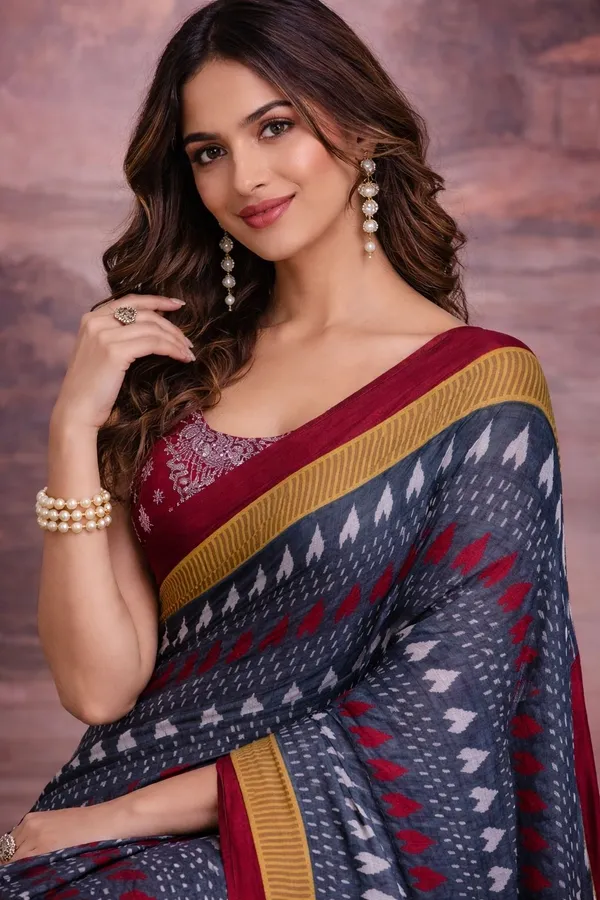 Leelavati_Printed_Floral_Print_Geometric_Print_Blocked_Printed_Ikkat_Pure_Cotton_Saree_Grey