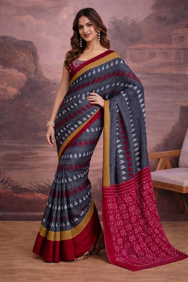 Leelavati_Printed_Floral_Print_Geometric_Print_Blocked_Printed_Ikkat_Pure_Cotton_Saree_Grey