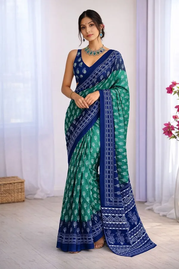 Leelavati_Printed_Floral_Print_Geometric_Print_Blocked_Printed_Ikkat_Pure_Cotton_Saree_Light_Green
