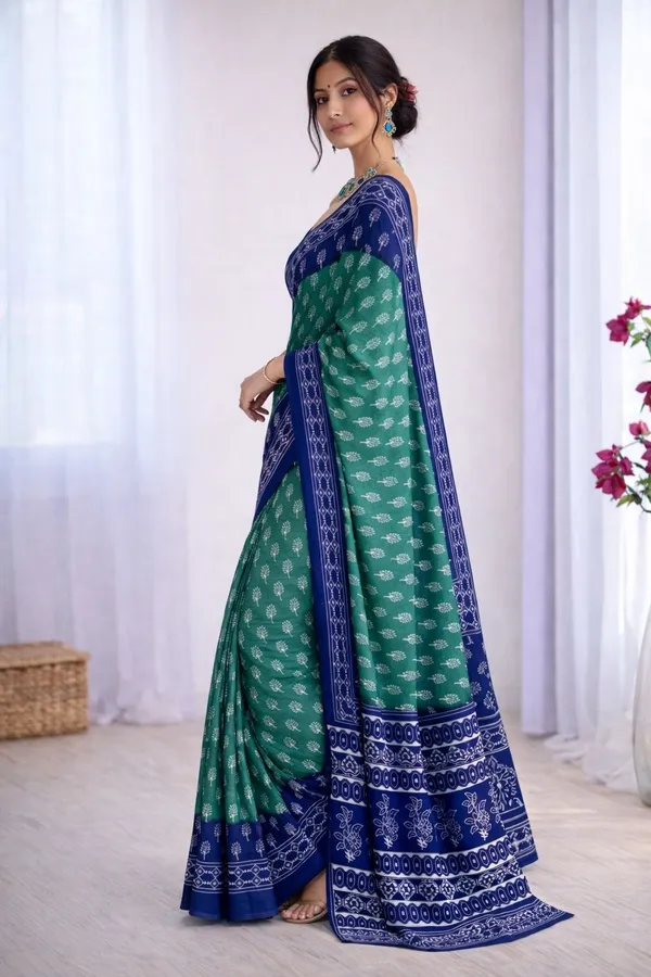 Leelavati_Printed_Floral_Print_Geometric_Print_Blocked_Printed_Ikkat_Pure_Cotton_Saree_Light_Green