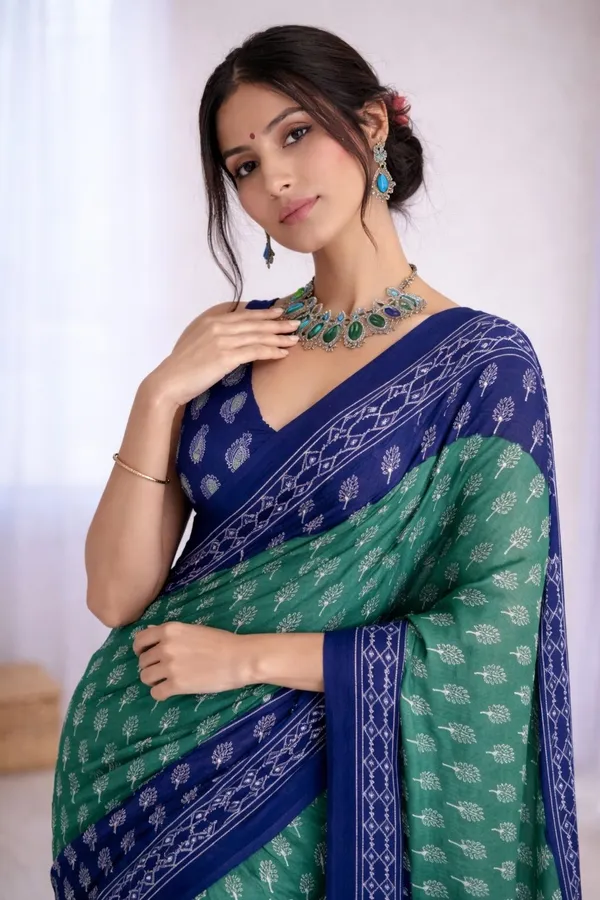 Leelavati_Printed_Floral_Print_Geometric_Print_Blocked_Printed_Ikkat_Pure_Cotton_Saree_Light_Green