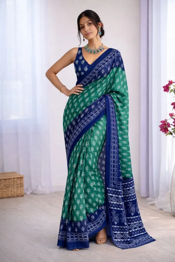 Leelavati_Printed_Floral_Print_Geometric_Print_Blocked_Printed_Ikkat_Pure_Cotton_Saree_Light_Green