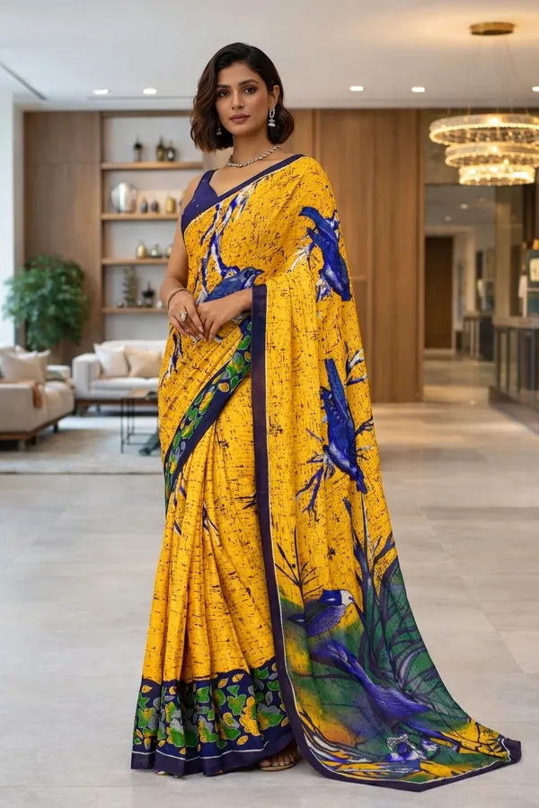Leelavati_Blocked_Printed_Ikkat_Pure_Cotton_Saree_Yellow