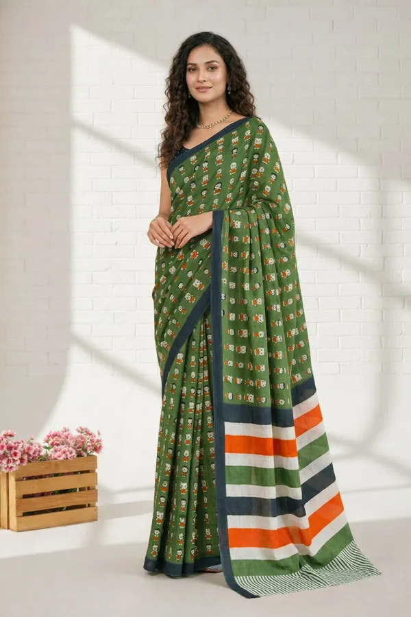Leelavati_Printed_Ikkat_Pure_Cotton_Saree_Green