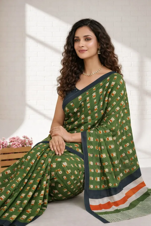 Leelavati_Printed_Ikkat_Pure_Cotton_Saree_Green