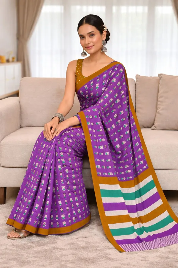 Leelavati_Printed_Ikkat_Pure_Cotton_Saree_Purple