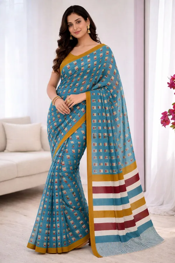 Leelavati_Printed_Ikkat_Pure_Cotton_Saree_Light_Blue