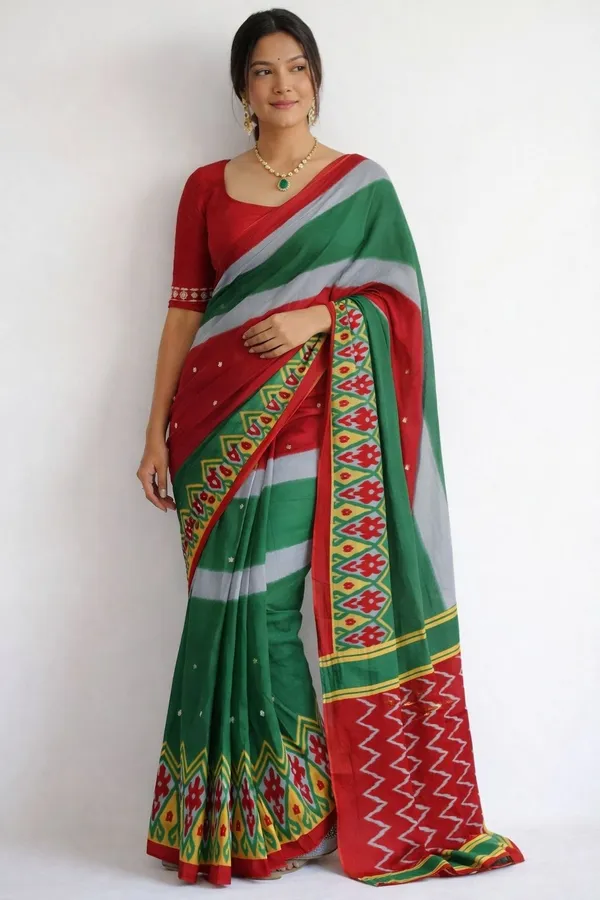 Leelavati_Printed_Ikkat_Pure_Cotton_Saree_Green