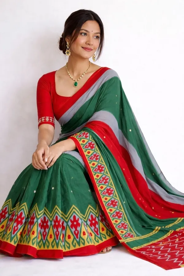 Leelavati_Printed_Ikkat_Pure_Cotton_Saree_Green