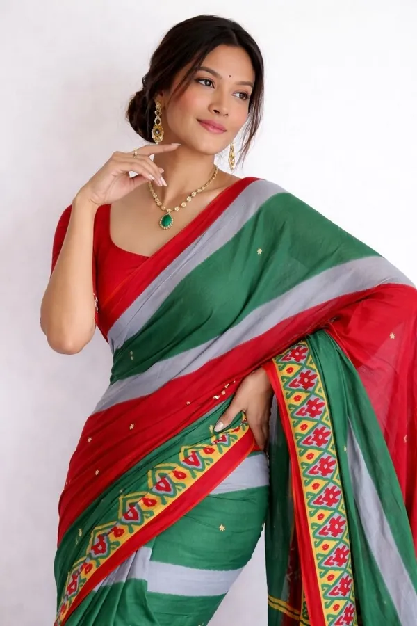Leelavati_Printed_Ikkat_Pure_Cotton_Saree_Green