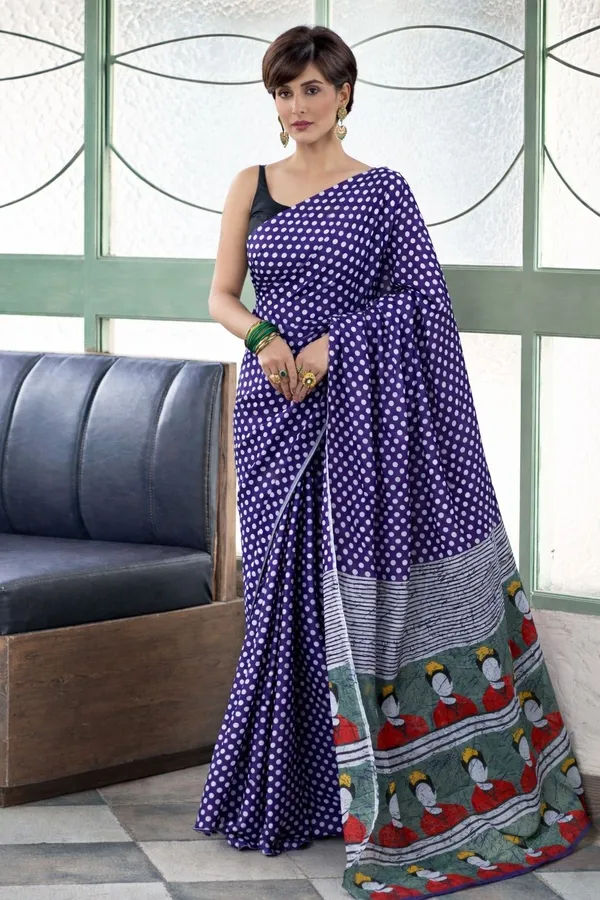 Leelavati_Printed_Floral_Print_Geometric_Print_Blocked_Printed_Ikkat_Pure_Cotton_Saree_Blue