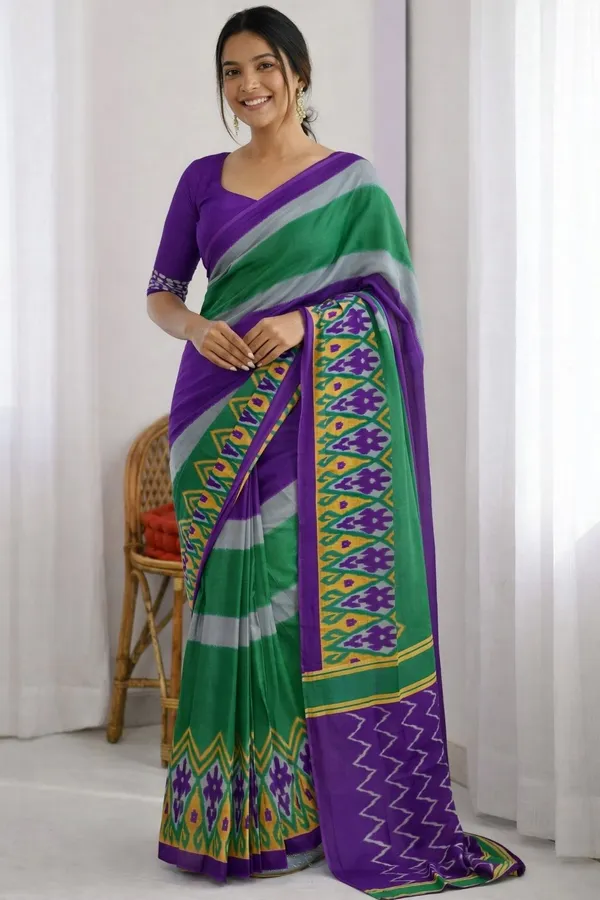 Leelavati_Printed_Floral_Print_Geometric_Print_Blocked_Printed_Ikkat_Pure_Cotton_Saree_Multicolor
