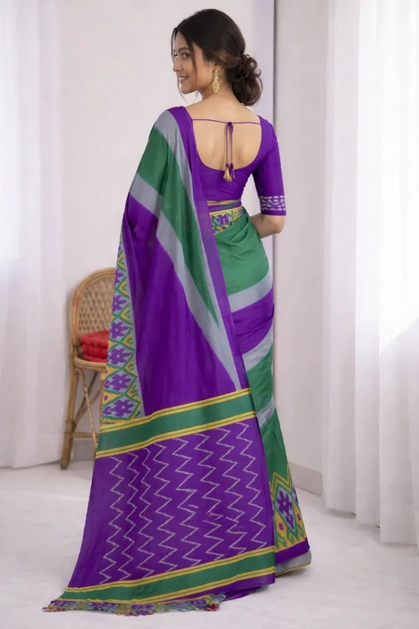 Leelavati_Printed_Floral_Print_Geometric_Print_Blocked_Printed_Ikkat_Pure_Cotton_Saree_Multicolor