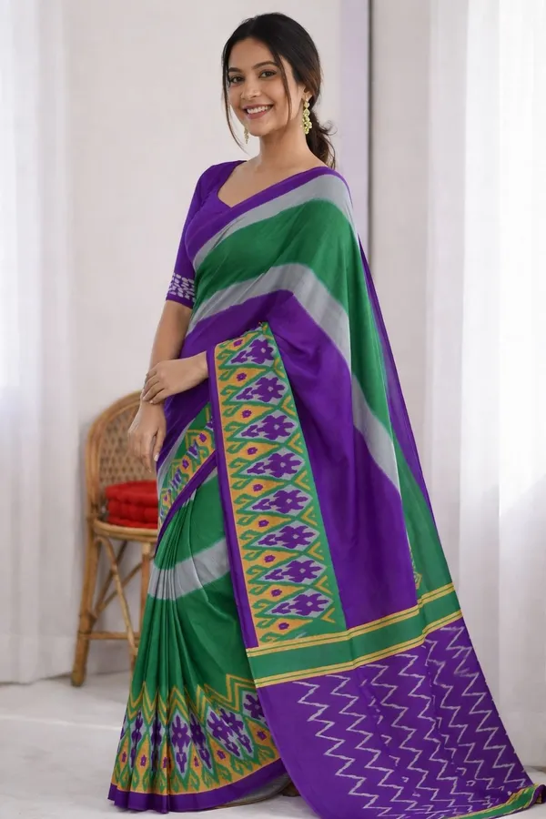 Leelavati_Printed_Floral_Print_Geometric_Print_Blocked_Printed_Ikkat_Pure_Cotton_Saree_Multicolor