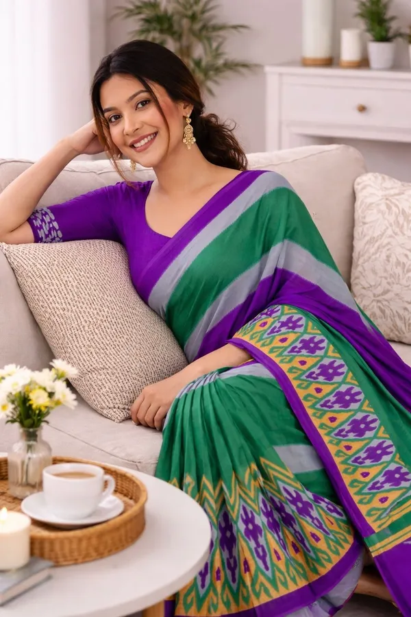Leelavati_Printed_Floral_Print_Geometric_Print_Blocked_Printed_Ikkat_Pure_Cotton_Saree_Multicolor