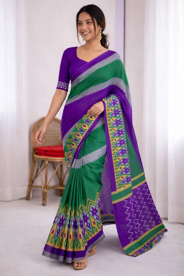 Leelavati_Printed_Floral_Print_Geometric_Print_Blocked_Printed_Ikkat_Pure_Cotton_Saree_Multicolor