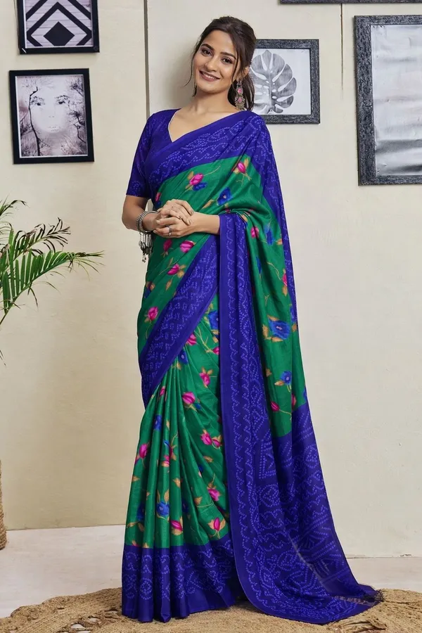 Leelavati_Printed_Floral_Print_Geometric_Print_Blocked_Printed_Ikkat_Pure_Cotton_Saree_Green