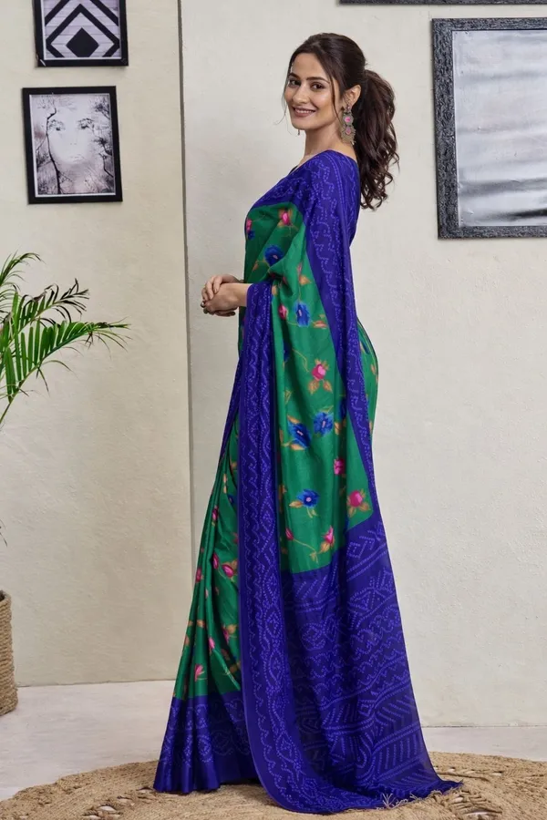 Leelavati_Printed_Floral_Print_Geometric_Print_Blocked_Printed_Ikkat_Pure_Cotton_Saree_Green