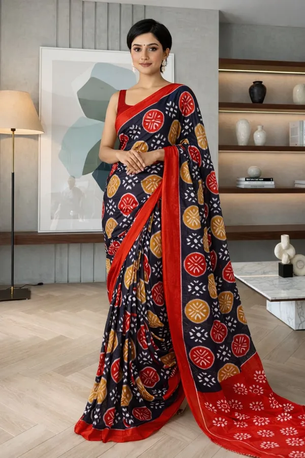 Leelavati_Printed_Floral_Print_Geometric_Print_Blocked_Printed_Ikkat_Pure_Cotton_Saree_Multicolor