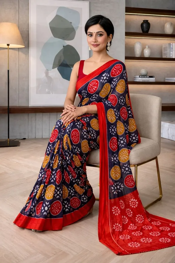 Leelavati_Printed_Floral_Print_Geometric_Print_Blocked_Printed_Ikkat_Pure_Cotton_Saree_Multicolor
