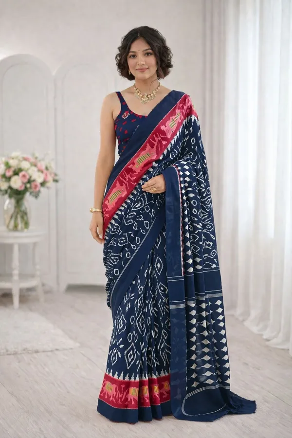 Leelavati_Printed_Floral_Print_Geometric_Print_Blocked_Printed_Ikkat_Pure_Cotton_Saree_Blue