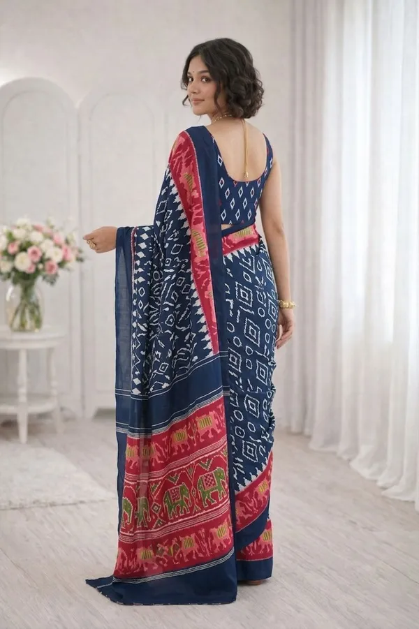 Leelavati_Printed_Floral_Print_Geometric_Print_Blocked_Printed_Ikkat_Pure_Cotton_Saree_Blue