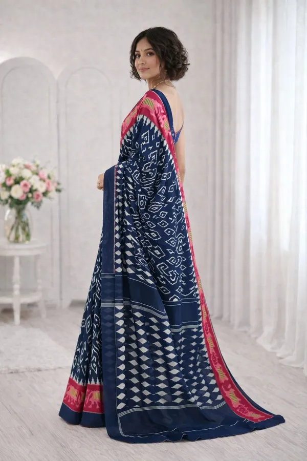 Leelavati_Printed_Floral_Print_Geometric_Print_Blocked_Printed_Ikkat_Pure_Cotton_Saree_Blue