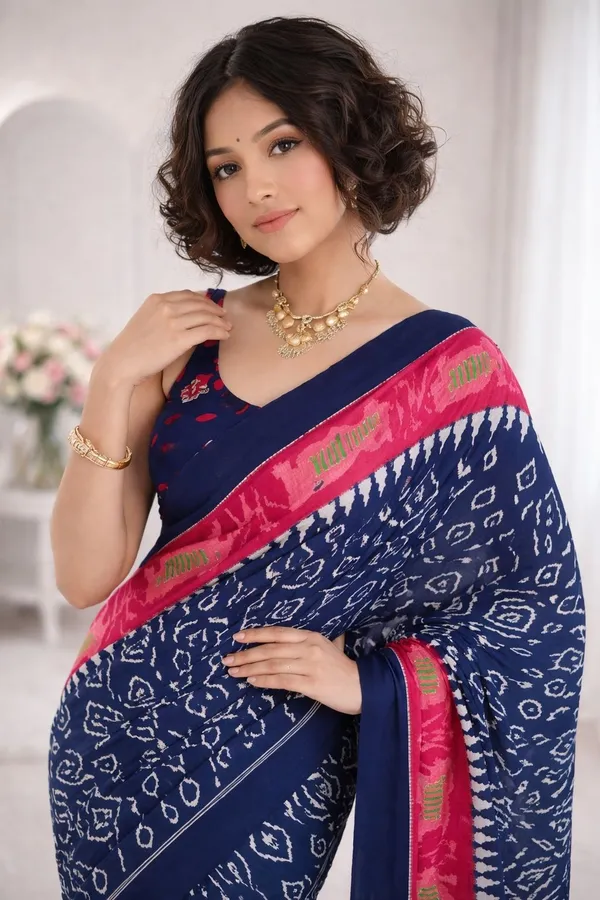 Leelavati_Printed_Floral_Print_Geometric_Print_Blocked_Printed_Ikkat_Pure_Cotton_Saree_Blue