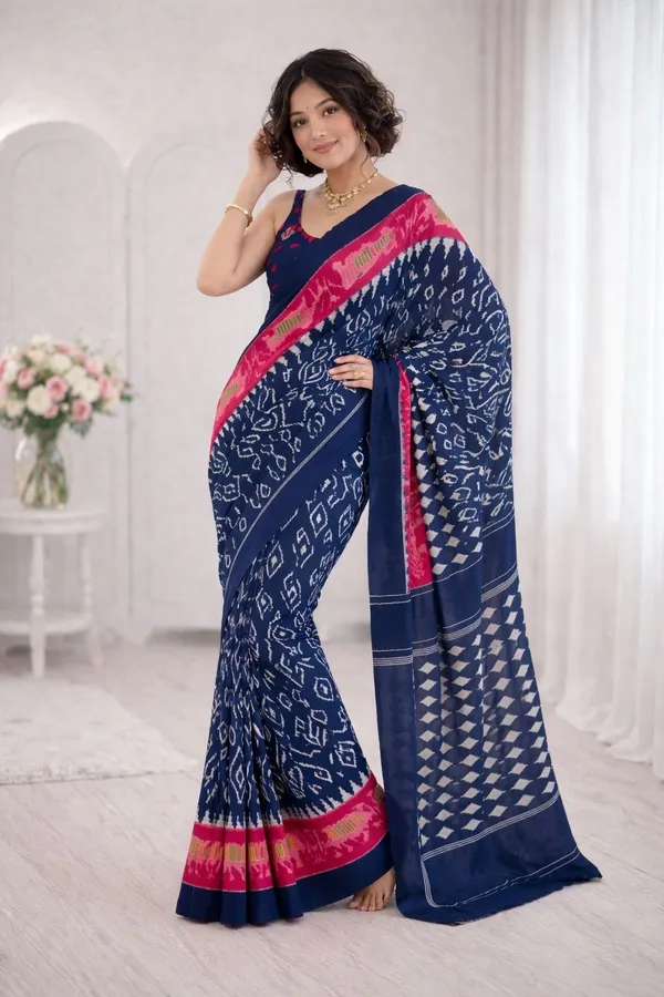 Leelavati_Printed_Floral_Print_Geometric_Print_Blocked_Printed_Ikkat_Pure_Cotton_Saree_Blue