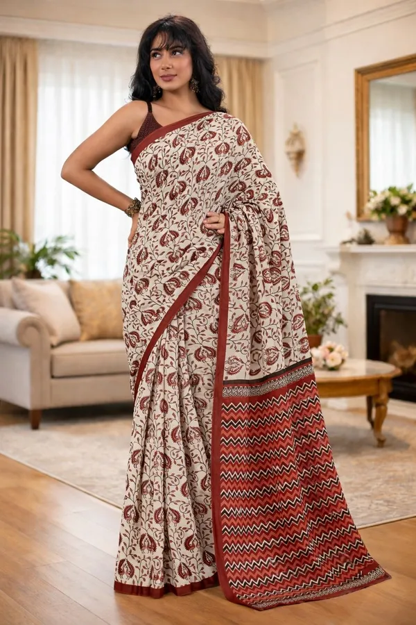 Leelavati_Printed_Floral_Print_Geometric_Print_Blocked_Printed_Ikkat_Pure_Cotton_Saree_Maroon
