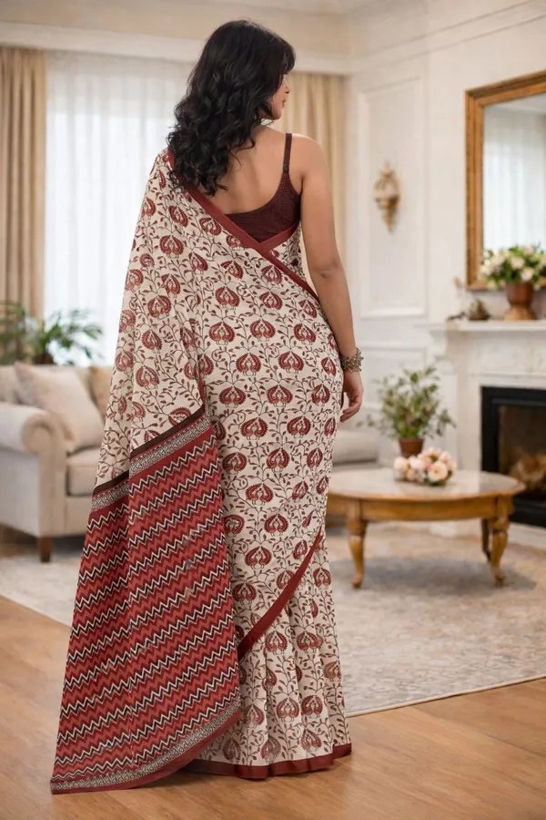 Leelavati_Printed_Floral_Print_Geometric_Print_Blocked_Printed_Ikkat_Pure_Cotton_Saree_Maroon