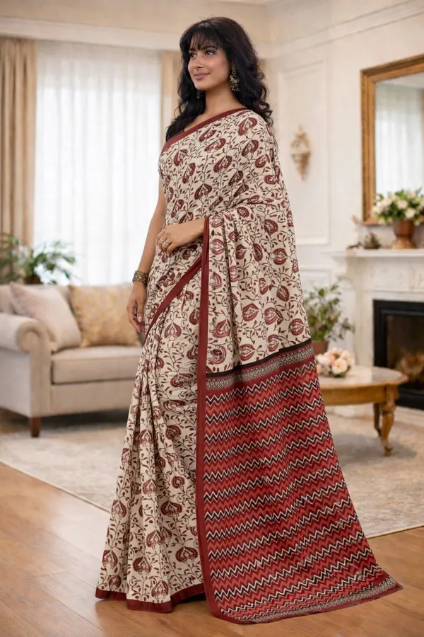 Leelavati_Printed_Floral_Print_Geometric_Print_Blocked_Printed_Ikkat_Pure_Cotton_Saree_Maroon
