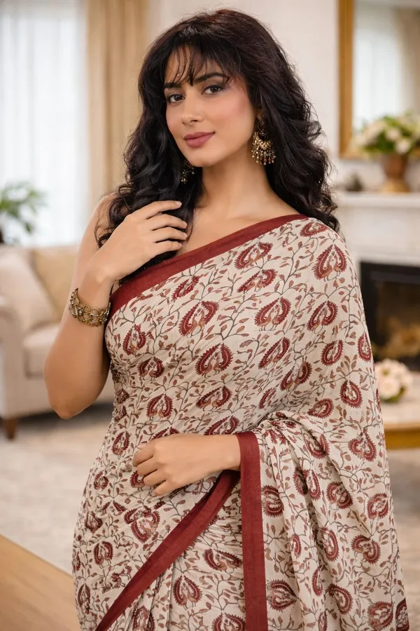 Leelavati_Printed_Floral_Print_Geometric_Print_Blocked_Printed_Ikkat_Pure_Cotton_Saree_Maroon