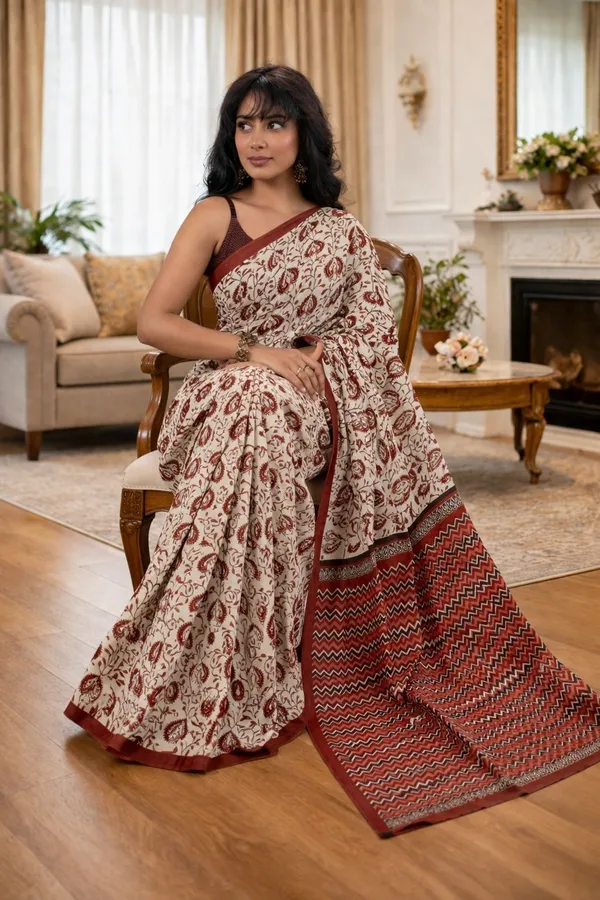 Leelavati_Printed_Floral_Print_Geometric_Print_Blocked_Printed_Ikkat_Pure_Cotton_Saree_Maroon