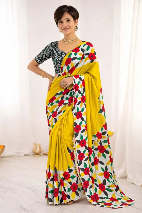 Leelavati_Printed_Floral_Print_Geometric_Print_Blocked_Printed_Ikkat_Pure_Cotton_Saree_Yellow