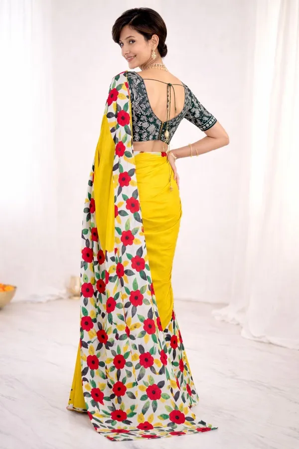 Leelavati_Printed_Floral_Print_Geometric_Print_Blocked_Printed_Ikkat_Pure_Cotton_Saree_Yellow