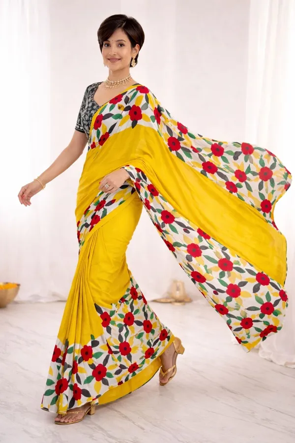 Leelavati_Printed_Floral_Print_Geometric_Print_Blocked_Printed_Ikkat_Pure_Cotton_Saree_Yellow