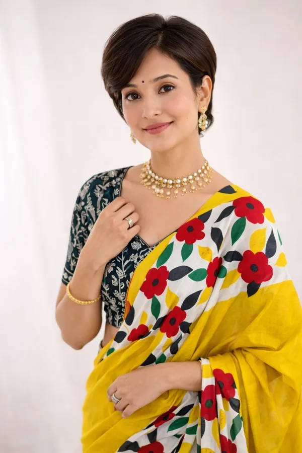 Leelavati_Printed_Floral_Print_Geometric_Print_Blocked_Printed_Ikkat_Pure_Cotton_Saree_Yellow