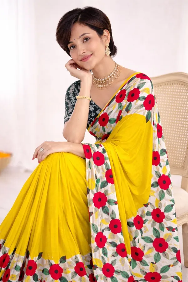 Leelavati_Printed_Floral_Print_Geometric_Print_Blocked_Printed_Ikkat_Pure_Cotton_Saree_Yellow