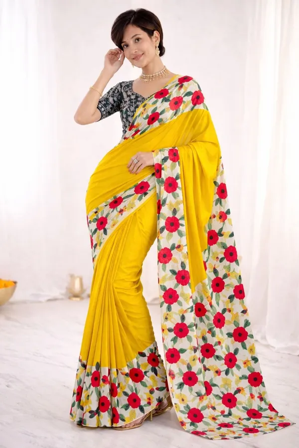 Leelavati_Printed_Floral_Print_Geometric_Print_Blocked_Printed_Ikkat_Pure_Cotton_Saree_Yellow