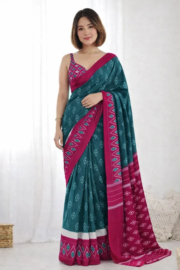 Leelavati_Printed_Floral_Print_Geometric_Print_Blocked_Printed_Ikkat_Pure_Cotton_Saree_Dark_Blue