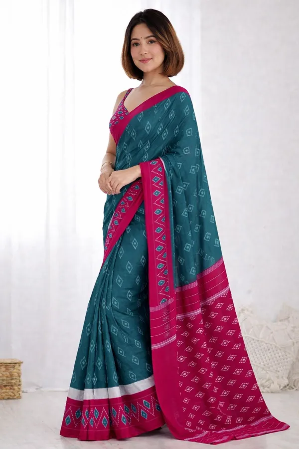 Leelavati_Printed_Floral_Print_Geometric_Print_Blocked_Printed_Ikkat_Pure_Cotton_Saree_Dark_Blue