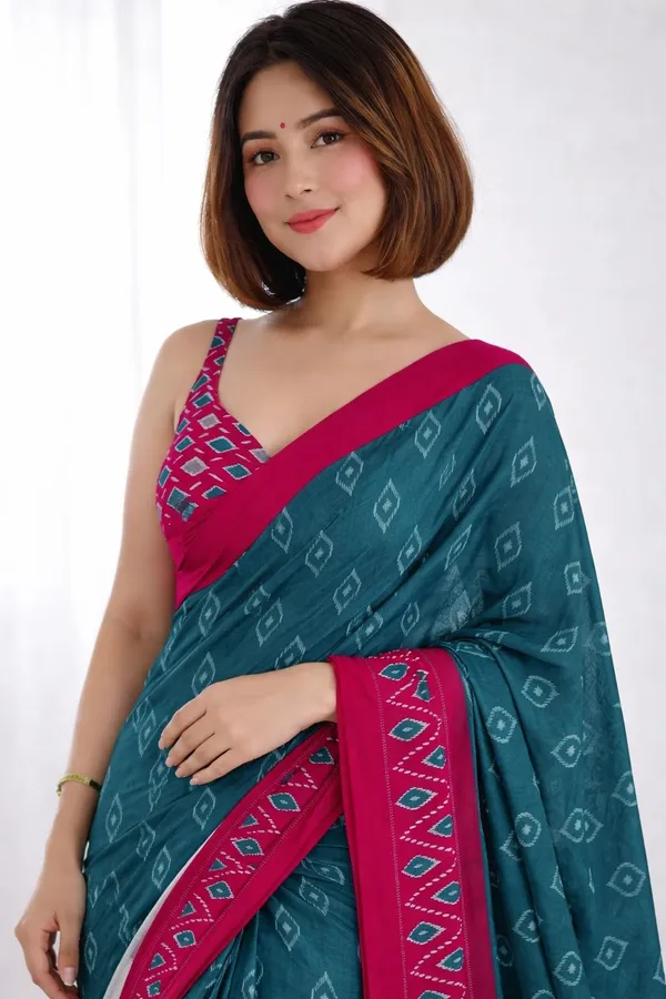 Leelavati_Printed_Floral_Print_Geometric_Print_Blocked_Printed_Ikkat_Pure_Cotton_Saree_Dark_Blue