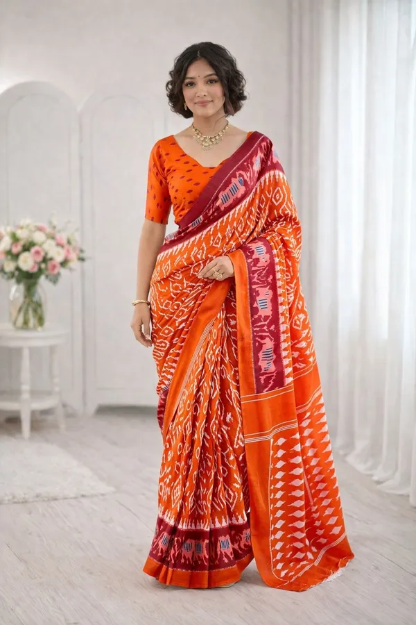 Leelavati_Printed_Floral_Print_Geometric_Print_Blocked_Printed_Ikkat_Pure_Cotton_Saree_Orange
