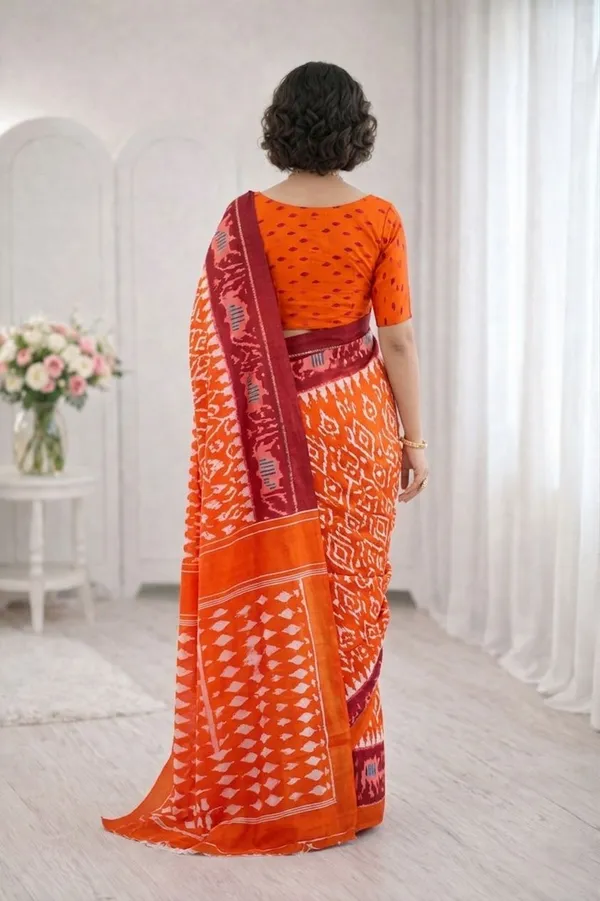 Leelavati_Printed_Floral_Print_Geometric_Print_Blocked_Printed_Ikkat_Pure_Cotton_Saree_Orange