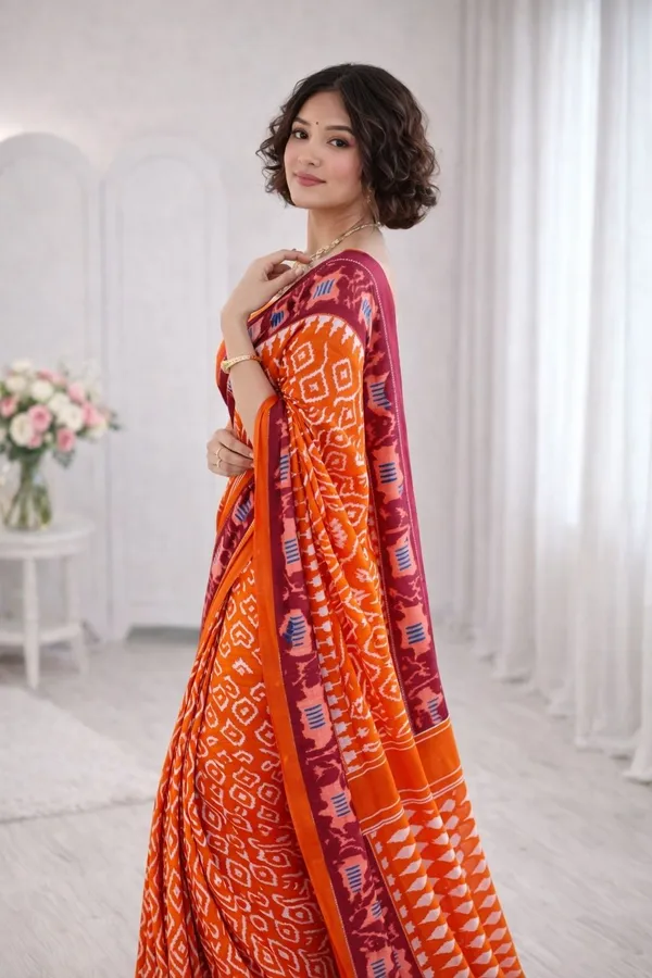 Leelavati_Printed_Floral_Print_Geometric_Print_Blocked_Printed_Ikkat_Pure_Cotton_Saree_Orange