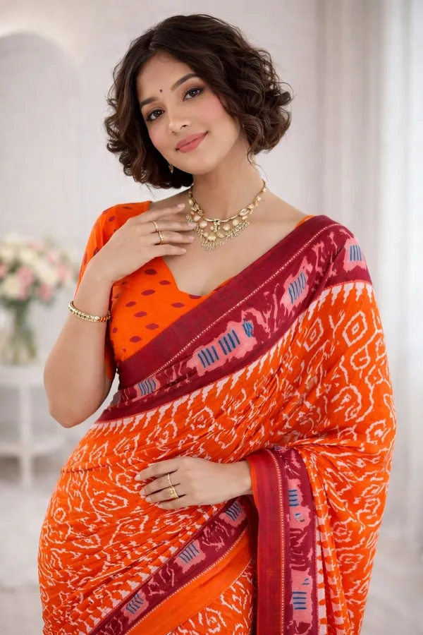 Leelavati_Printed_Floral_Print_Geometric_Print_Blocked_Printed_Ikkat_Pure_Cotton_Saree_Orange